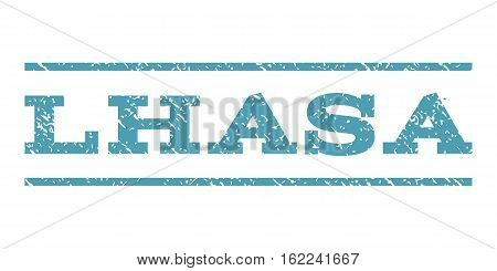 Lhasa watermark stamp. Text tag between horizontal parallel lines with grunge design style. Rubber seal stamp with unclean texture. Vector cyan color ink imprint on a white background.