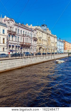Saint Petersburg, Russia - July 26, 2014:  A Tour Boat With Tourists On The Moika