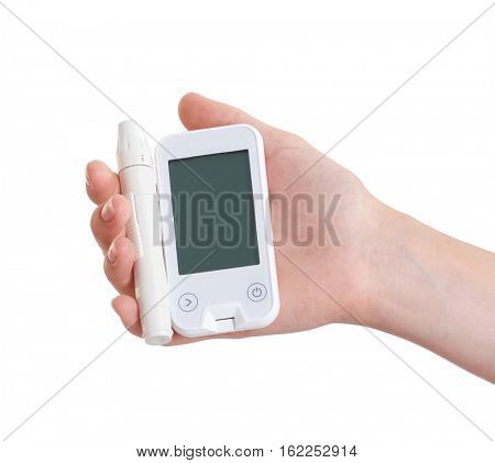 Woman holding blood sugar level and lancelet, isolated on white