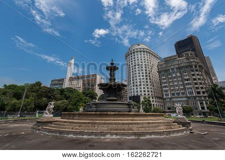 Empty Fountain at the Mahatma Gandhi Square and View of Office Buildings of Rio de Janeiro under the Clear Blue Sky