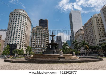 Empty Fountain at the Mahatma Gandhi Square and View of Office Buildings of Rio de Janeiro under the Clear Blue Sky
