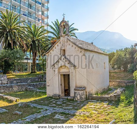 The old Church of St. George from the 13th century, is located by the coast in Tucepi Croatia.