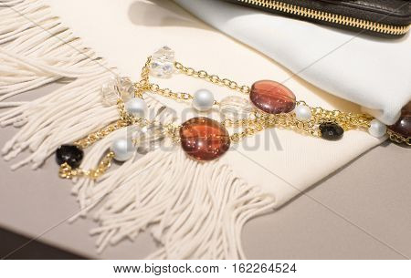 Woman accessories a wallet and a necklace on a white scarf