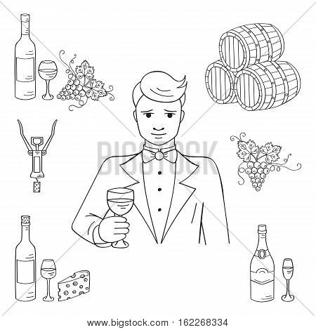 Young man tasting a glass of wine vector illustration hand drawn doodle sketch. Wine and wine making set sommelier, bottles, glasses, grapes, cheese, champagne, barrels, corkscrew.