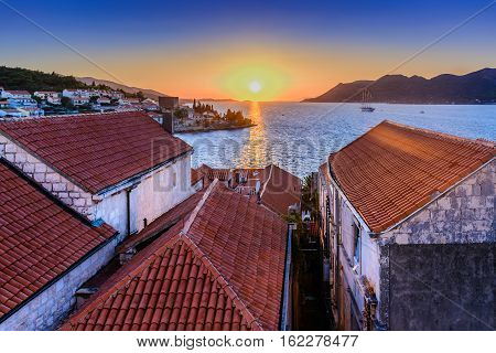 Aerial view on mediterranean town Korcula during sunset time, european famous places.