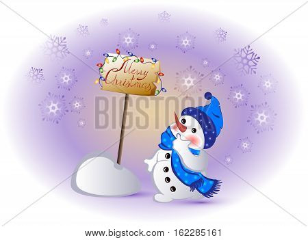 Funny snowman for winter holidays. Christmas greeting. EPS10 vector illustration.