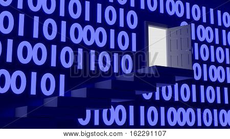 Stairs leading up to an exit in a wall with blue glowing digital datastreams backdoor concept 3D illustration