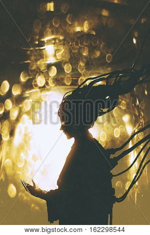 futuristic female robot silhouette on golden light background, illustration painting