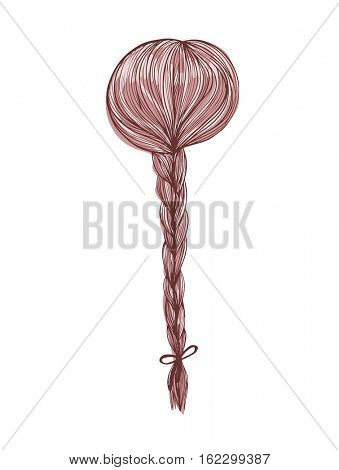 Woman head with brown hair back view with bride. Hand-drawn cartoon hairdressing sketch. Doodle drawing. Vector illustration.