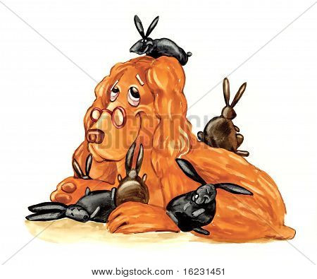 Spaniel hund som små kaniner våd sygeplejerske