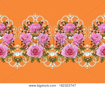 Horizontal floral border. Pattern seamless. Flower garland of delicate pink roses green leaves and bright red berries. Openwork lace weaving pearl composition beads.