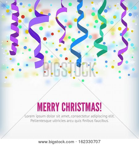 Merry Christmas vector streamers on confetti background. Festive streamers celebration background. Streamers and curved swirl paper ribbon. Streamers and confetti party popper for banner or background