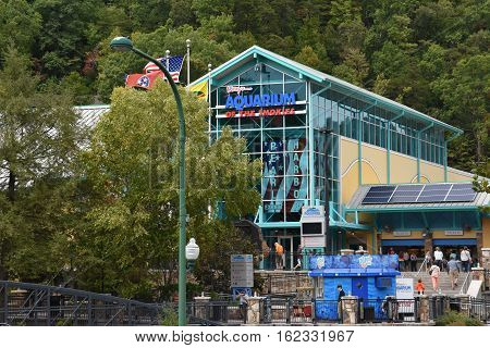 GATLINBURG, TN - OCT 7: Aquarium of the Smokies in Gatlinburg, Tennessee, as seen on Oct 7, 2016. Gatlinburg is a popular vacation resort, as it rests on the border of the Great Smoky Mountains National Park along U.S. Route 441.