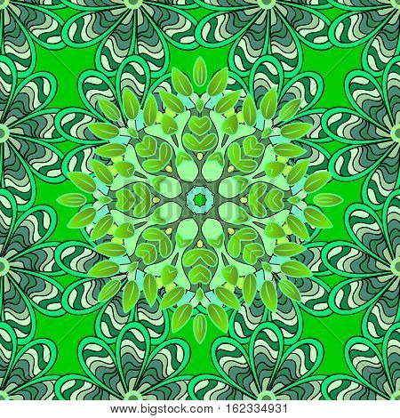 Mandalas Background. Green. Stripe. Leaves. Raster Illustration.