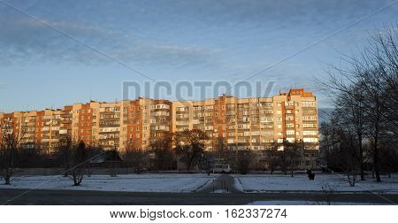 The Sloviansk Soviet-built apartment blocks party-cloudy winter day. Ukraine February 2014