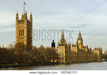 Westminster in London with Big Ben and the river themes taken from Lambeth bridge.