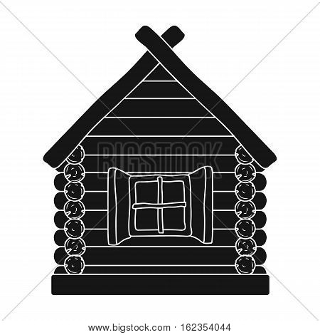 Wooden house icon in black design isolated on white background. Russian country symbol stock vector illustration.