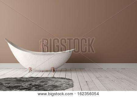 3D rendering of blank bathroom with deep-piled carpet on the wooden floor in front of painted wall