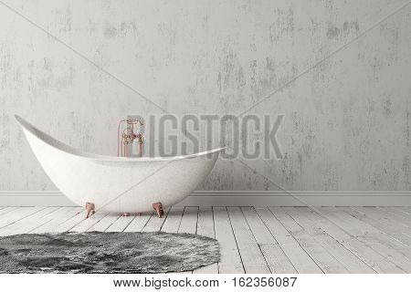 3D rendering of blank bathroom with deep-piled carpet on the wooden floor in front of bright rough wall