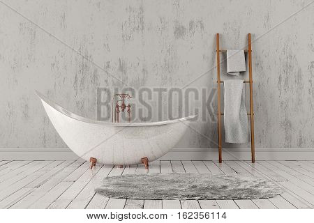 3D rendering of blank bathroom with towels and deep-piled carpet on the wooden floor in front of bright rough wall