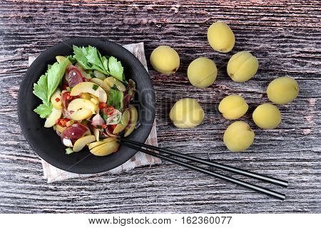 Spicy Sour Chinese Sausage Salad With Peach Honey - Compote .
