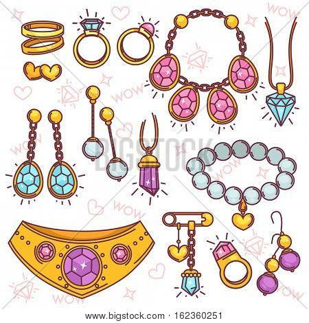 Fashion jewelry vector set. Collection symbols of luxury accessory: necklace and earring, gold ring with diamond and pearl bead, chain and pendant. Sign of precious, treasure and gem.