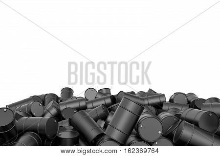 3d rendering of large pile of black oil barrels isolated on white background. Barrels and drums. Oil industry. Transporting liquid cargo.
