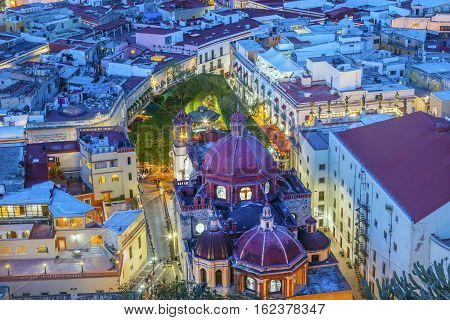 Red Dome Templo San Diego San Diego Church Jardin Town Square Juarez Theater Guanajuato Mexico From Le Pipila Overlook