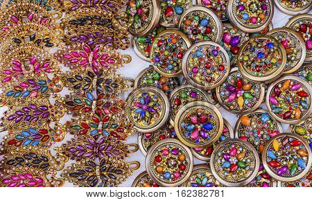 Colorful Souvenir Jewlery Many Colored glass stones hair clips necklace Guanajuato Mexico