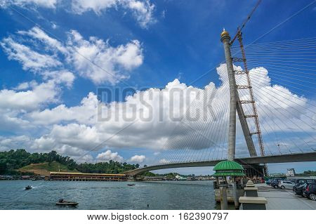 Muara,Brunei-Nov 12,2016:Construction of the Sungai Brunei Bridge across the Brunei River bisecting Bandar Seri Begawan,Brunei's capital city on 12th Nov 2016 in Brunei Darussalam.