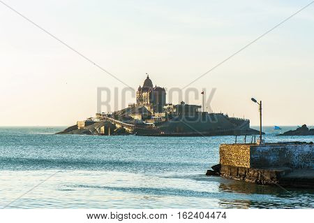 View on Vivekananda Rock Memorial from coast in Kanyakumari town Tamil Nadu state India