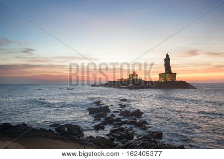 People greet the sunrise in Kanyakumari the southernmost point of the Indian subcontinent Tamil Nadu India