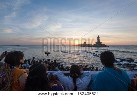 People greet the sunrise in Kanyakumari the southernmost point of the Indian subcontinent, 8 October 2016, Tamil Nadu India