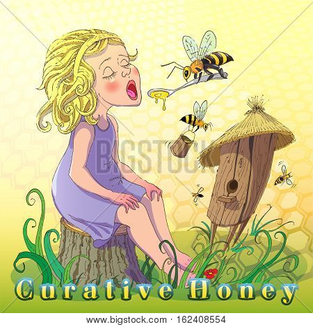 Creative illustration promotes use honey. Cartoon image of a teenage girl eating honey on a background of the hive and the bees.