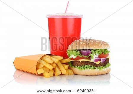 Cheeseburger Hamburger And Fries Menu Meal Combo Fast Food Drink Isolated