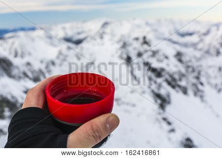 Cup Of Tea In The Winter In The Mountains.
