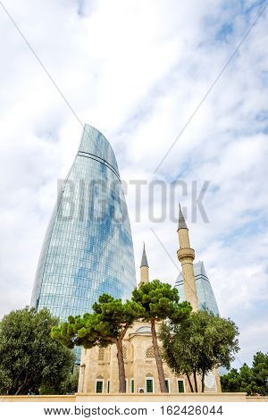 Flame Towers And Mosque, Baku, Azerbaijan