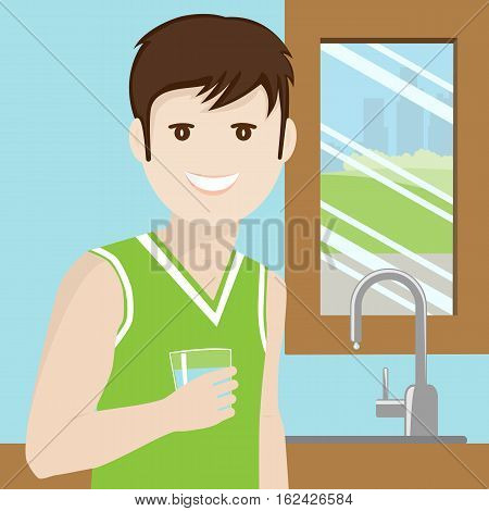 Man drinking water in the kitchen with town background