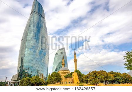 Flame Towers And Mosque, Baku, Azerbaijan