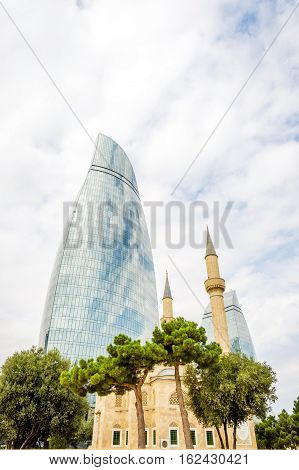 Flame Towers And Mosque, Baku, Azerbaijan