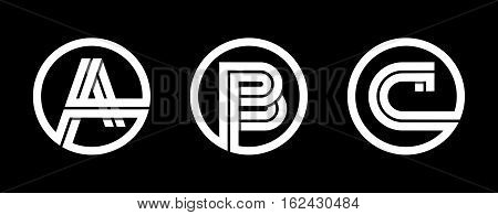 Capital letters A, B, C. From double white stripe in a black circle. Overlapping with shadows. Logo, monogram, emblem trendy design.