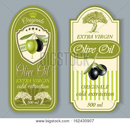 Vector vintage style oilve oil labels. Elegant design for olive oil packaging. Only free fonts used. Font names included in the layers