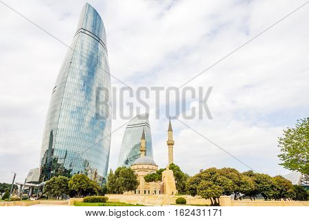 Flame Towers And Mosque, Baku, Azerbaijan