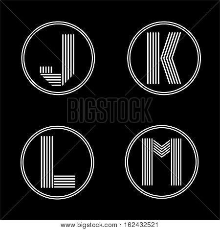 Capital letters J, K, L, M . From white stripe in a black circle. Overlapping with shadows. Logo, monogram, emblem trendy design.