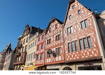 TRIER, RHINELAND-PALATINATE/ GERMANY - OCTOBER 10, 2016: Traditional German half-timbered houses on the Hauptmarkt squere