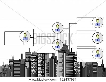 Illustration of organogram with business offices skyline