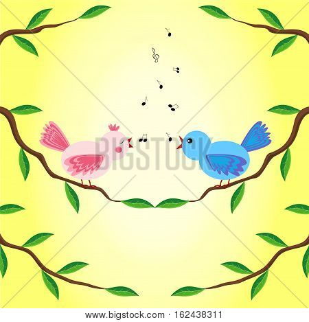 Two birds on tree branch singing a music song