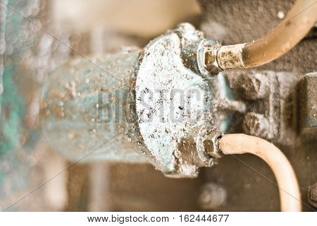 Parts of locomotive engine in retro colors.