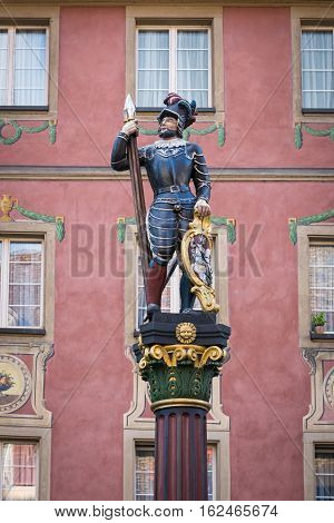 Statue of a warrior decorate the market fountain in Stein am Rhein, Switzerland