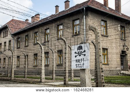 Stop death sign at concentration camp Auschwitz Birkenau KZ Poland